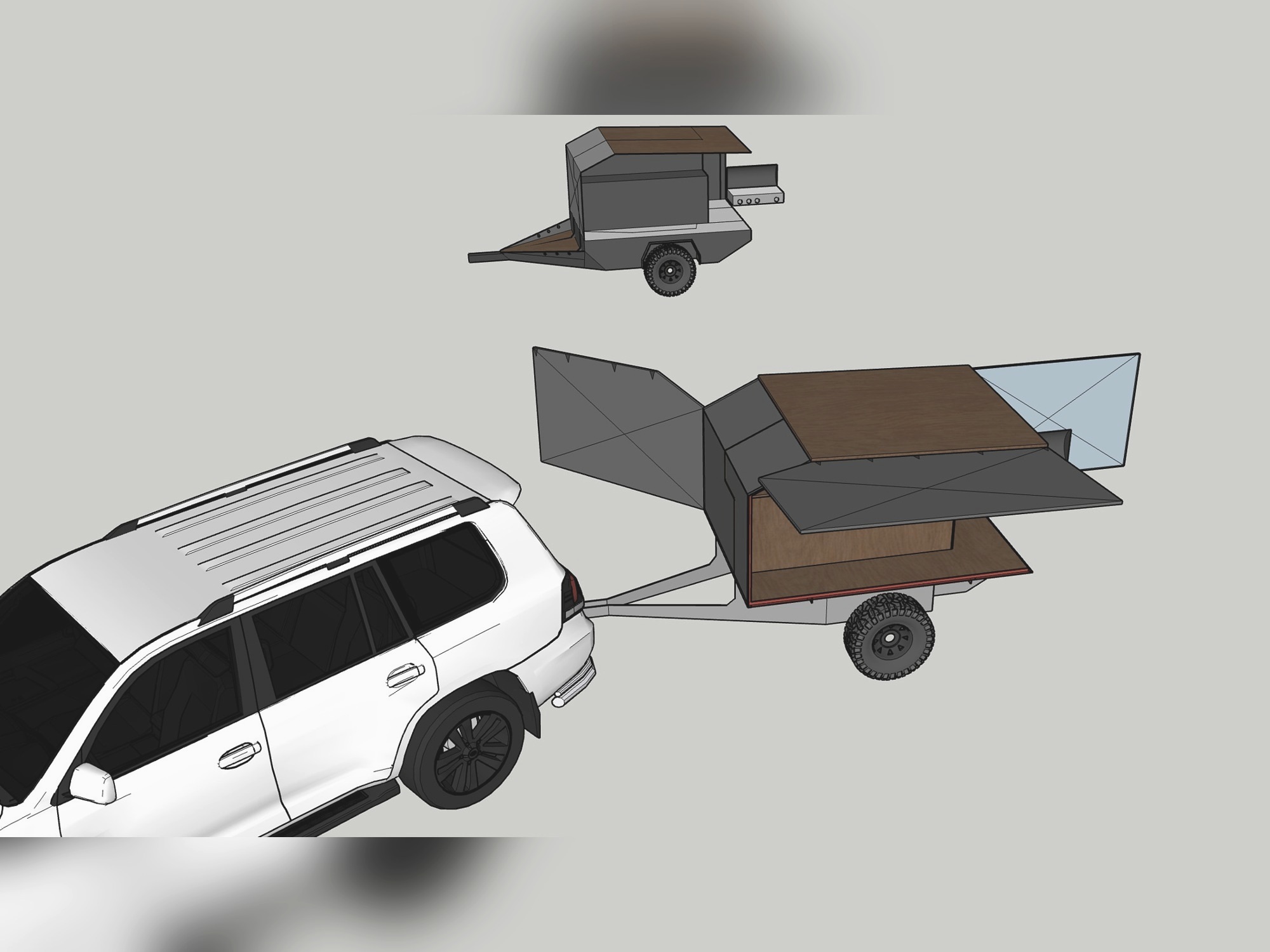 SketchUp concept showing the trailer opened beside a four-wheel drive