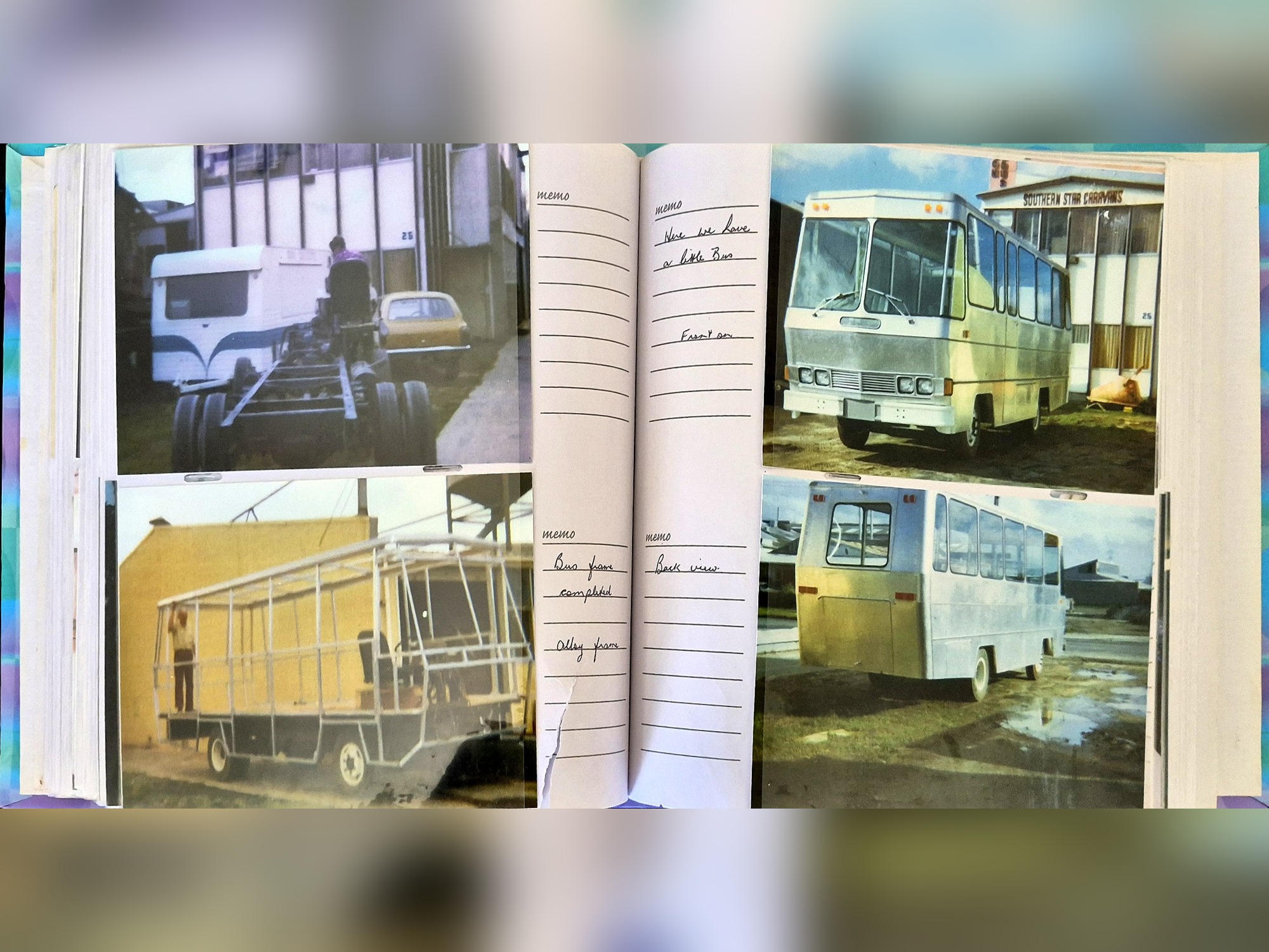 Family album showing vehicle construction and a completed bus