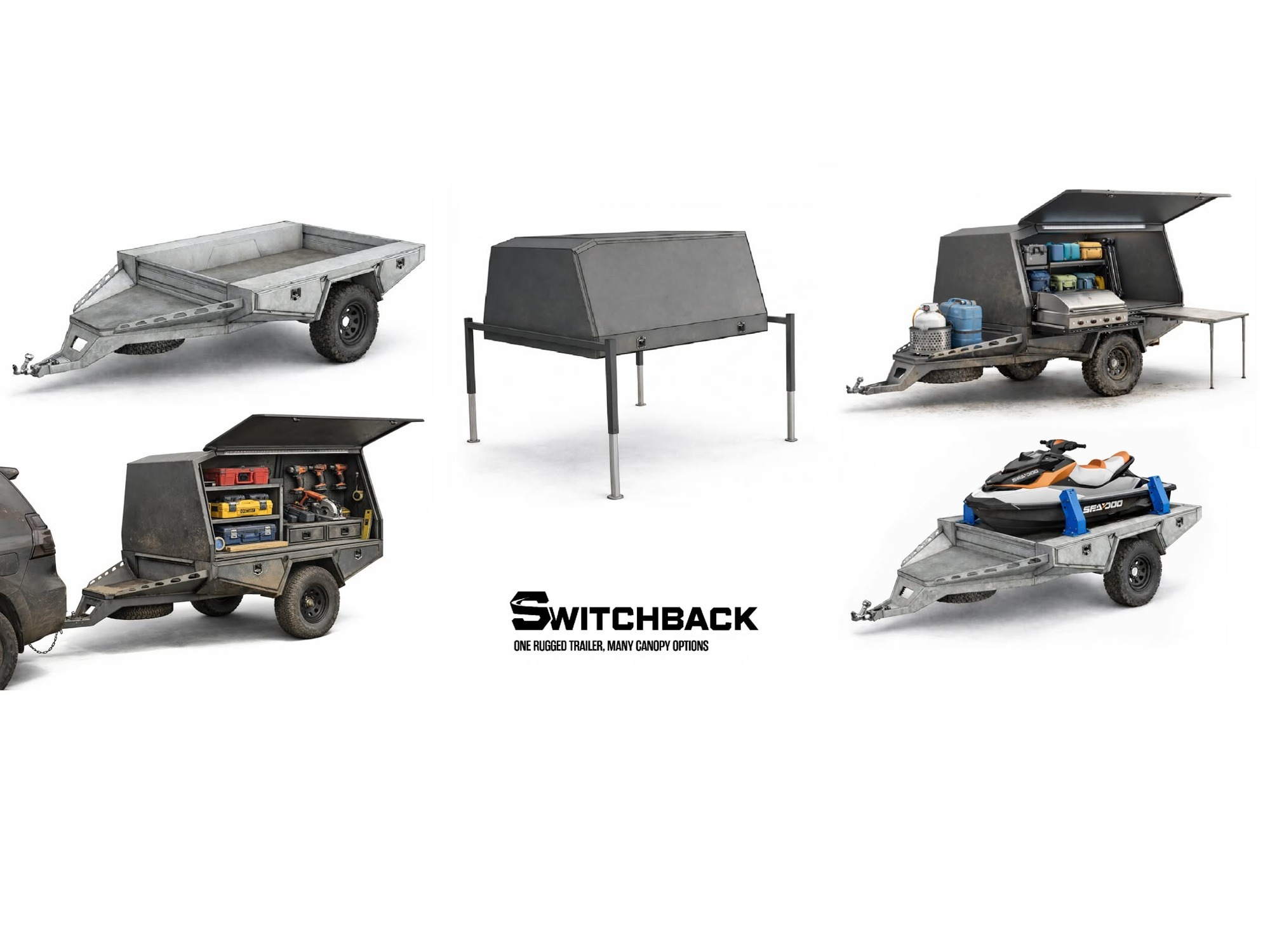 Switchback trailer and removable canopy configurations