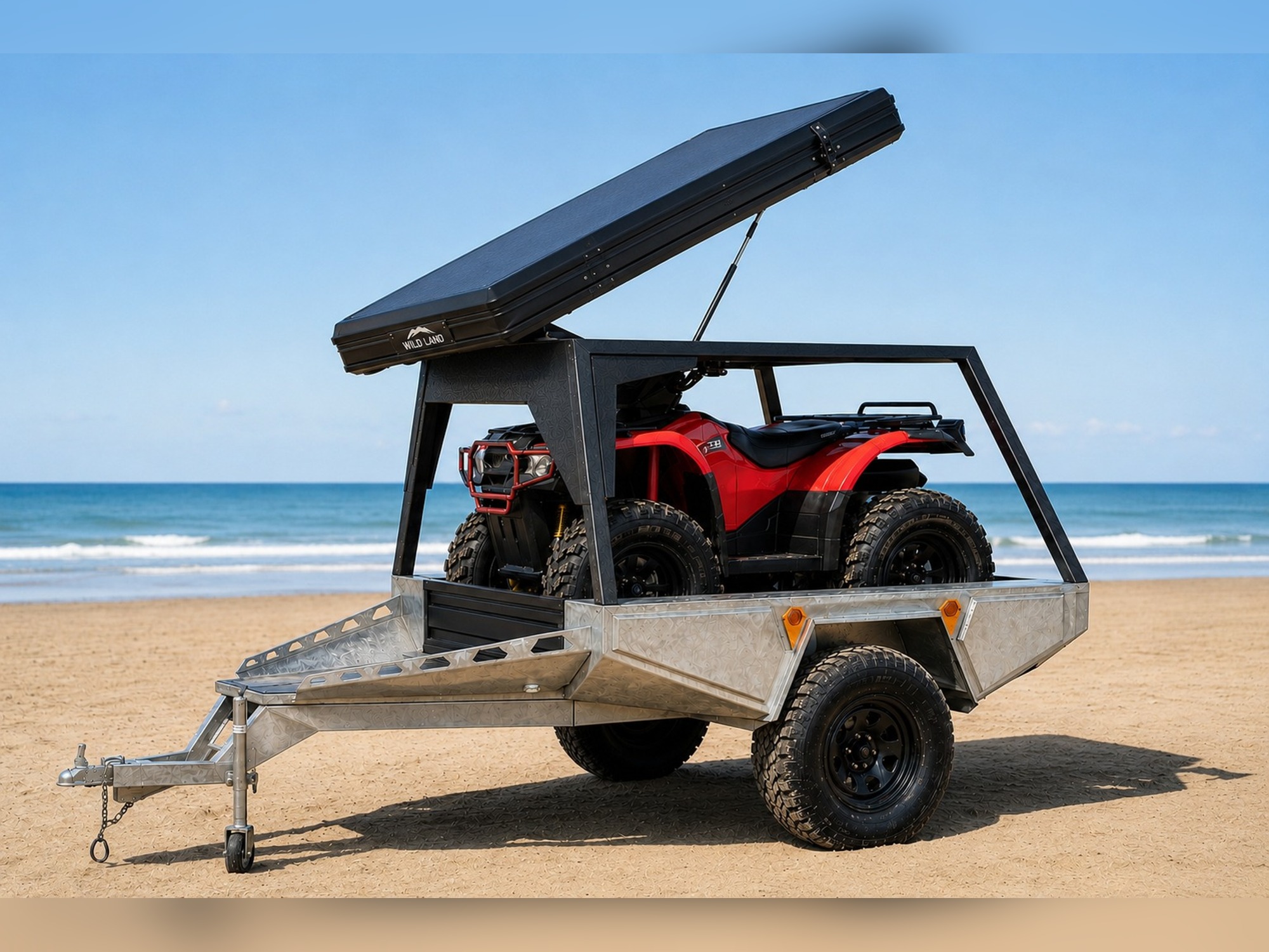 Switchback trailer carrying a quad bike with a rooftop tent at the beach