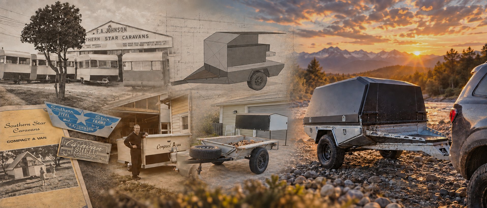 Switchback heritage collage, from Southern Star Caravans and early prototypes to modern trailers