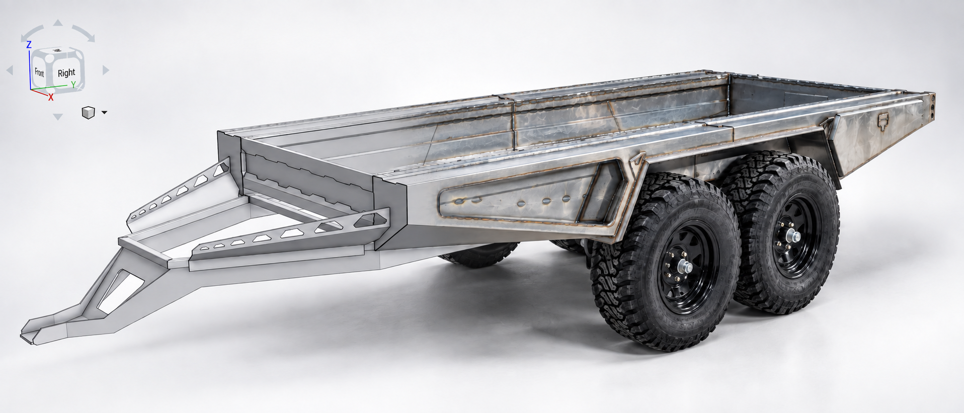 Switchback tandem trailer showing its folded steel structure and integrated storage